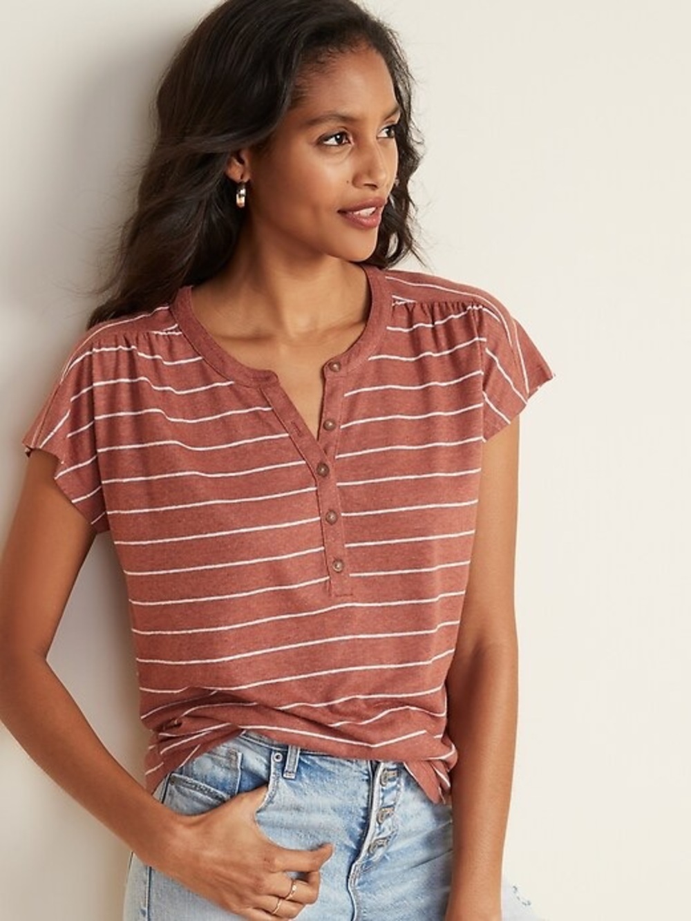 Old Navy Rust Stripe Linen Blend Henley Top